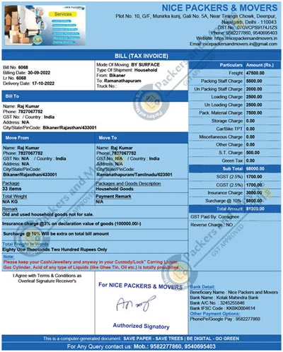 Nice Packers and Movers Bill Format