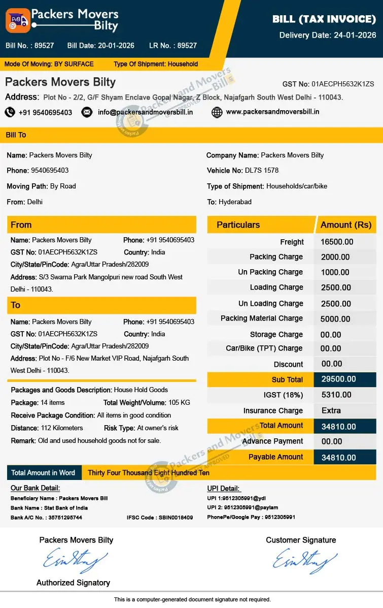 Detailed packers and movers bill format showing cost breakdown including gst detail